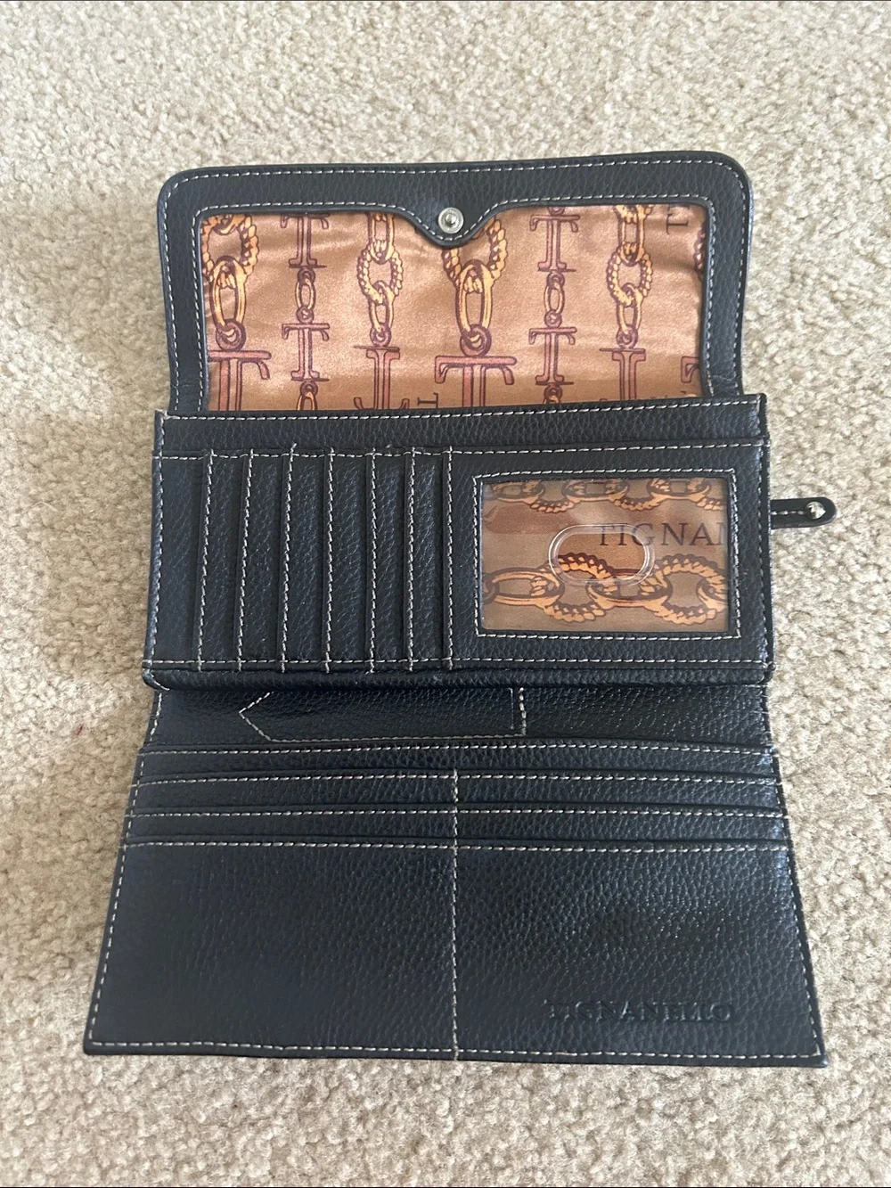 Tignanello Black Pebbled Leather Continental Wallet with Silver Tone Logo Plaque